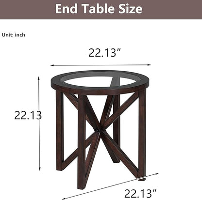 Round End Table Living Room Sofa Side Table Modern Simple Transparent Tempered Glass Top and Wood Base, Accent End Table, Cherry
