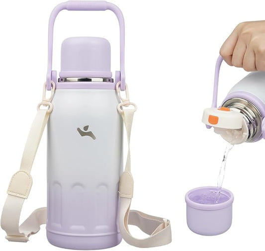 Insulated Water Bottle with Handle and Strap,Vacuum Travel Tumbler with Cup Lid,Thermo Coffee Cup for Hot Cold Drinks 40 OZ,Purple Pearl