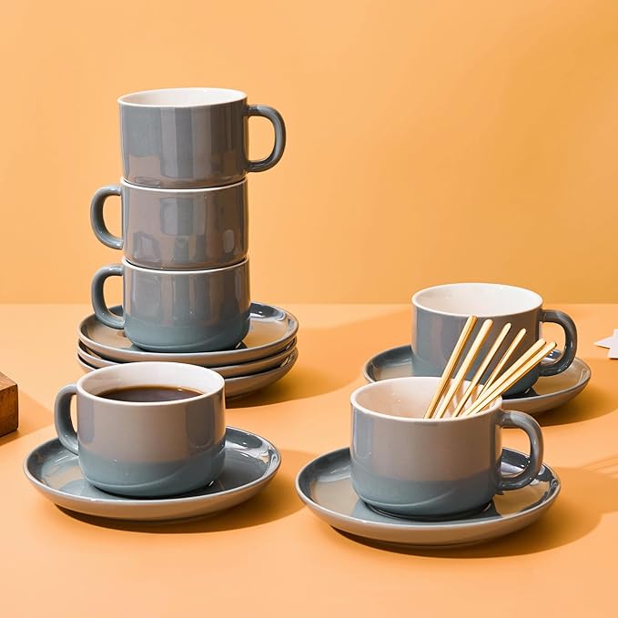 7 oz Coffee Cups with Saucers Spoons - Set of 6 Cappuccino Cups, Grey Porcelain Cups Serving for Tea Espresso Latte Mocha