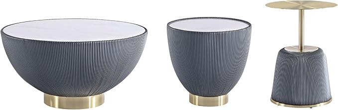 Manhattan Comfort Modern Anderson Coffee Table, 1.0 & 2.0 End Table, Upholstered in Grey Leatherette with Ceramic Faux Tabletop and Gold Metal Tabletop- Set of 3
