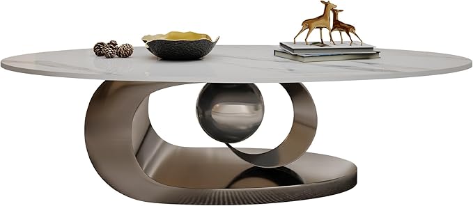 Marble Grain Coffee Table with Gold Stainless Steel Pedestal,Modern Coffee Tables,Oval Living Room Table with Faux Marble Top & Luxury Legs,Sintered Stone Cocktail Center Table,49.20inch