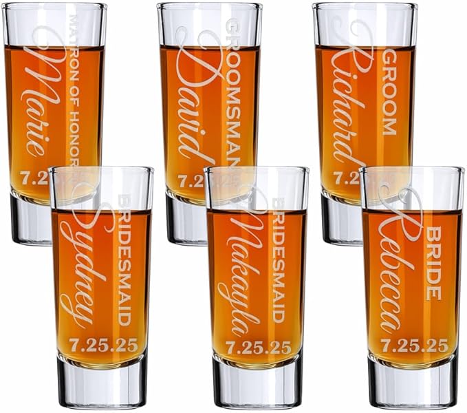 Custom Engraved 2 oz Shot Glass – Personalized Etching – Groomsman & Bridesmaid Gift – Wedding Favor Shot Glasses Set of Six