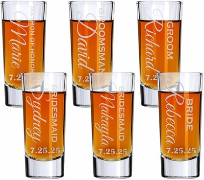 Custom Engraved 2 oz Shot Glass – Personalized Etching – Groomsman & Bridesmaid Gift – Wedding Favor Shot Glasses Set of Six