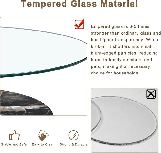 42 Inch Glass Coffee Table，Round Coffee Table with 2-Tier Tempered Glass Tabletop，Easy to Clean Circle Coffee Table with Sturdy Base for Living Room，Office (White & Black Marble Colored Base)