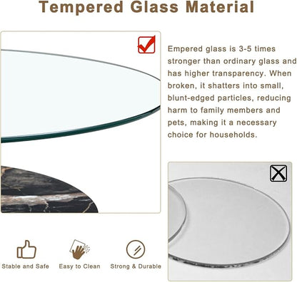 42 Inch Glass Coffee Table，Round Coffee Table with 2-Tier Tempered Glass Tabletop，Easy to Clean Circle Coffee Table with Sturdy Base for Living Room，Office (White & Black Marble Colored Base)