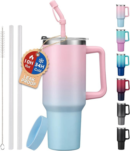 40 oz Tumbler with Handle, Straw and Spout 2-in-1 Lid, Spill Proof Travel Coffee Drink Mug, Stainless Steel Insulated thermal Cup Keep Cold-34H, Water Bottle with Straw Tips& Silicone Boot