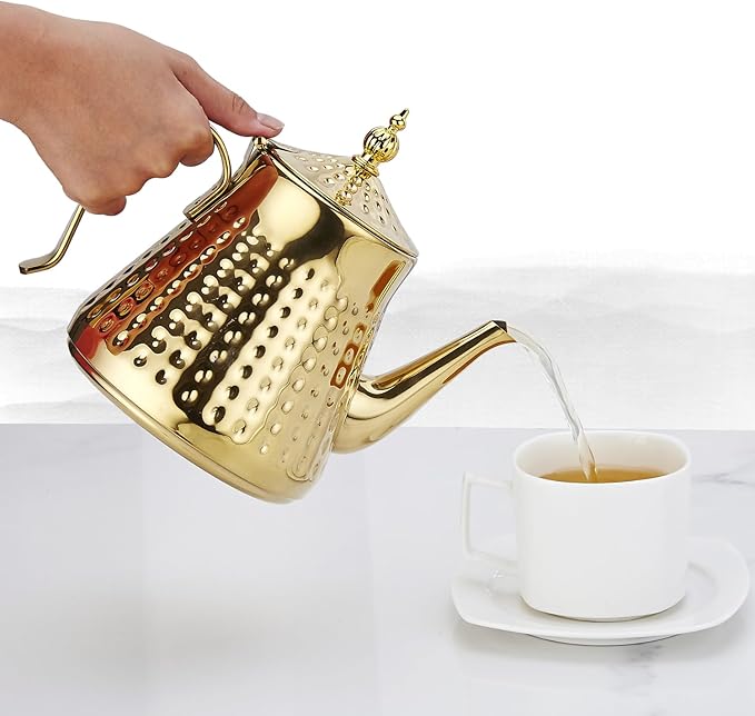 SANQIAHOME 1.2L(40oz) Stainless Steel Hammer Patterned Teapot With Removeable Infuser,Loose leaf cover,Gold
