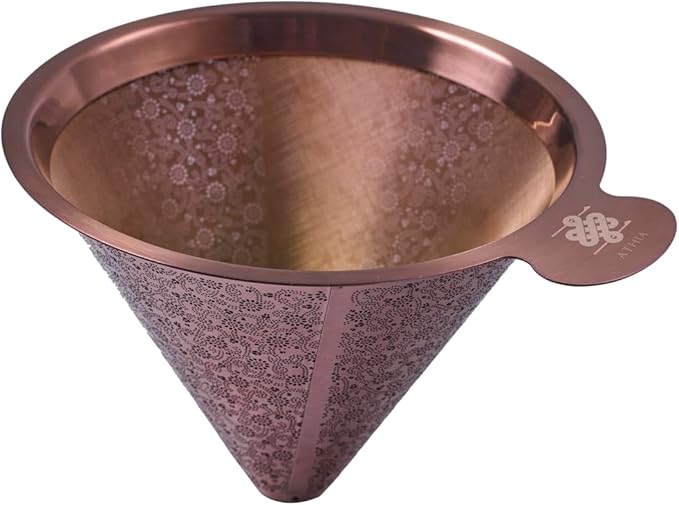ATHIA Golden Reusable Stainless Steel Pour Over Coffee Dripper, Laser-etched Double mesh Cone Filter, Paperless, Eco-friendly, Fits Hario, Chemex, carafes & Most Coffee Makers (Rose Golden, Cone)