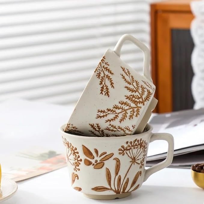 Ceramic Mug 1 pc, 11oz - Vintage Coffee Mug, Pottery Cups for Milk, Latte, Cappuccino, Tea - Porcelain Dishwasher, Microwave Safe Stoneware Gift for Women Men, Brown Leaf