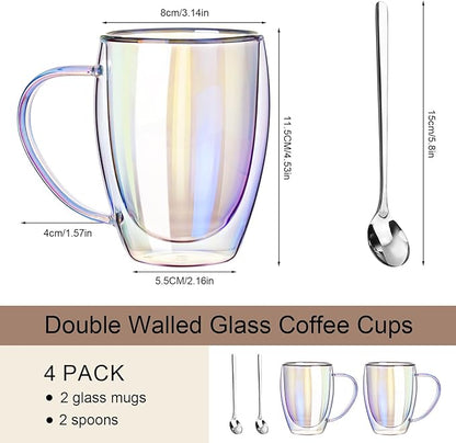 Double Walled Glass Coffee Mugs 12 OZ, Set of 2 Iridescent Glass Cups With Handle Perfect for Espresso, Cappuccino, Latte, Americano, Tea Bag, Beverage