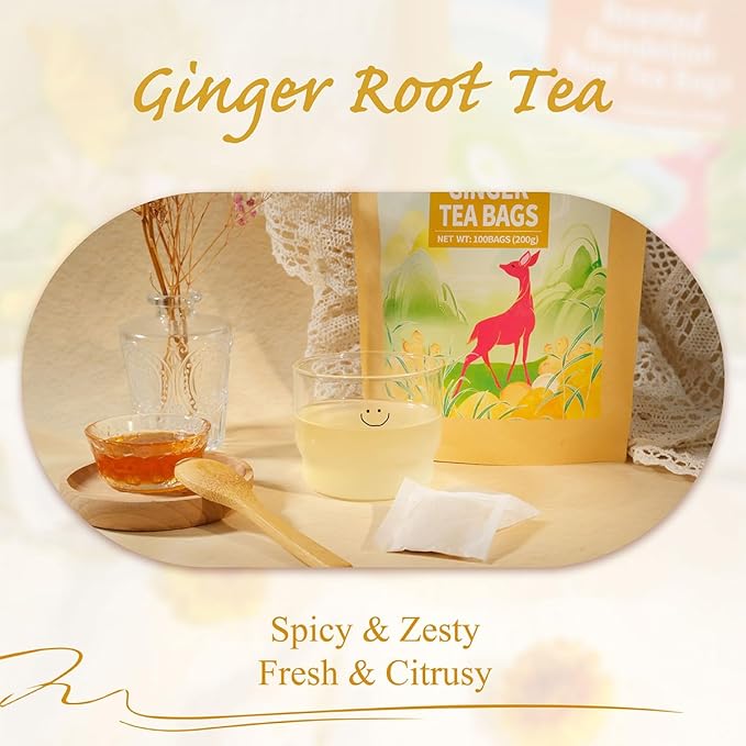 WT WEETEE Ginger Tea Bags, 100 Count Pure Ginger Root Tea, Warm & Spicy, Natural Caffeine Free Herbal Tea, No Spices & Flavors