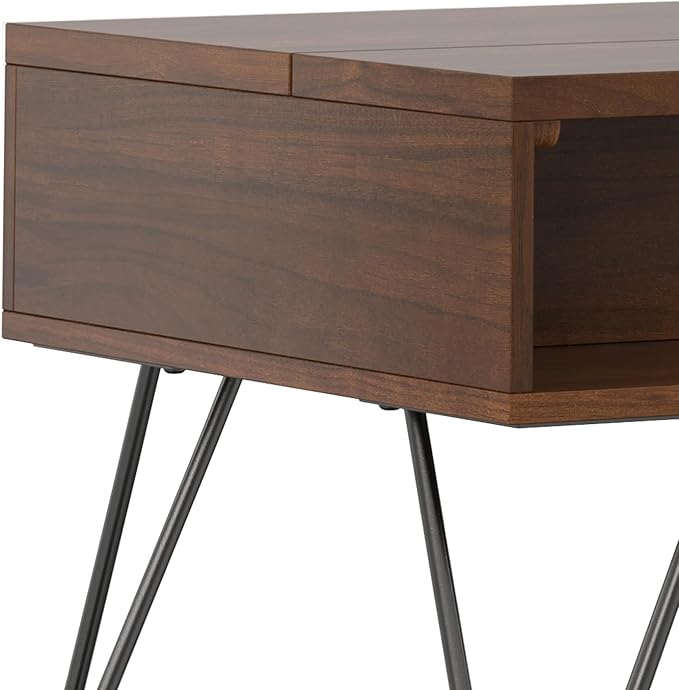 SIMPLIHOME Hunter Lift Top Coffee Table - 48 inch Wide Solid Walnut Veneer and Metal Industrial Cocktail Table, Functional Living Room Table with 2 Storage Cubbies and Hairpin Legs