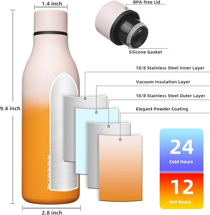 BJPKPK Insulated Water Bottles, 18 oz Stainless Steel Metal Water Bottle with Strap, BPA Free Leak Proof Jugs, Mugs, Flasks, Reusable Thermal Flasks for Sports & Travel, Coral