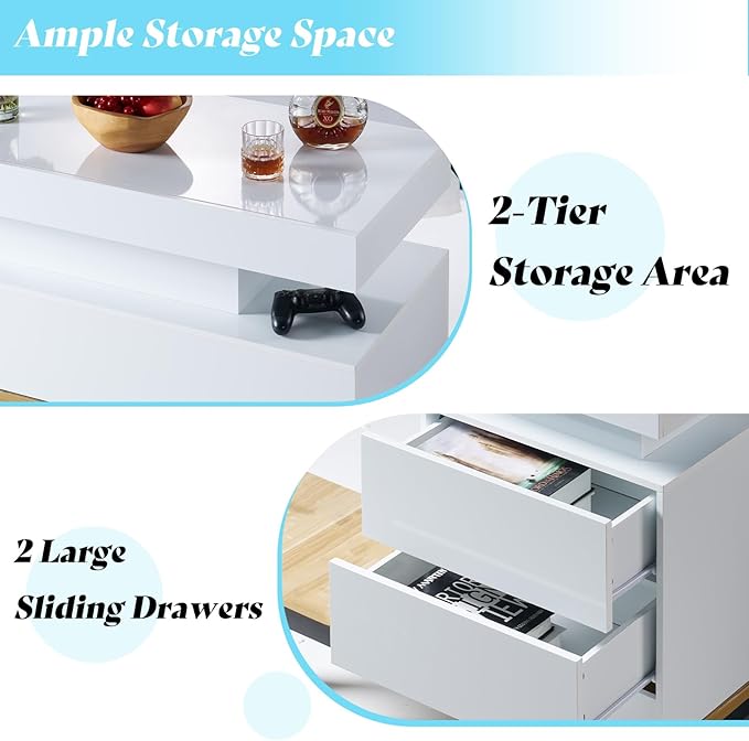 AMERLIFE High Gloss 3 Pieces Living Room Table Set, Modern LED Coffee Table Sets of 3, 2-Tier Center Table with 2 End Side Tables, LED Lights Bedside Table Nightstands with Charging Station, White