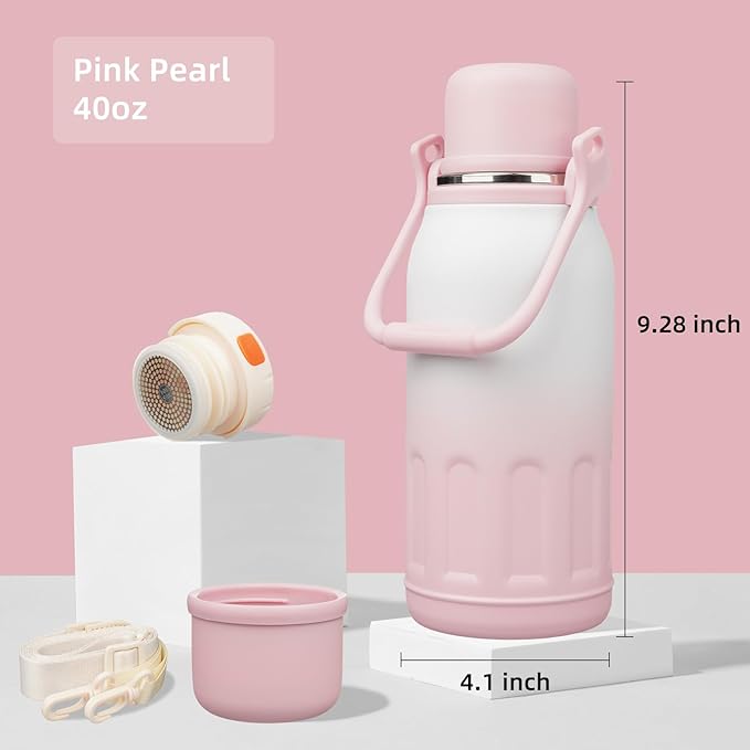 Insulated Water Bottle with Handle and Strap,Vacuum Travel Tumbler with Cup Lid,Thermo Coffee Cup for Hot Cold Drinks 40 OZ,Pink Pearl