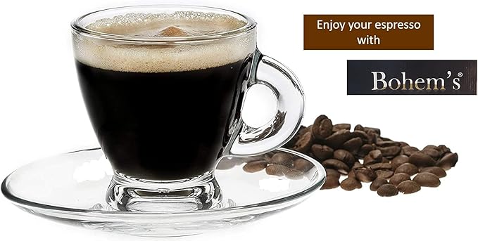 BOHEM'S Espresso Cups, 3.2 oz Small Demitasse Clear Glass Espresso Drinkware, Set Of Cups, Saucers and Stainless Steel mini Spoons + Free Glass Spoons (set of 4)
