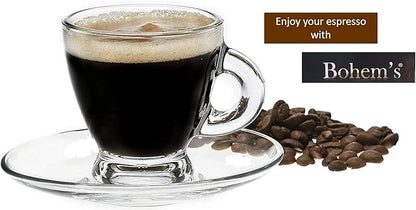 BOHEM'S Espresso Cups, 3.2 oz Small Demitasse Clear Glass Espresso Drinkware, Set Of Cups, Saucers and Stainless Steel mini Spoons + Free Glass Spoons (set of 4)