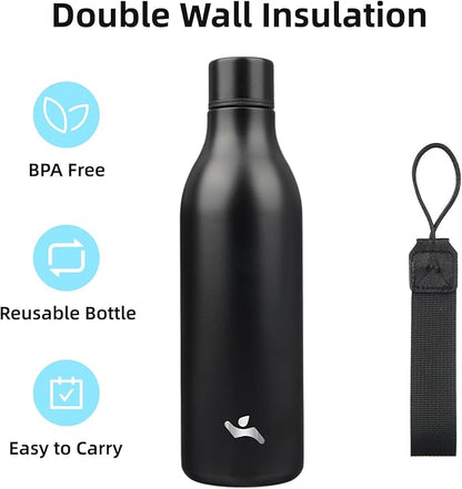 Insulated Water Bottle with Strap,25 oz Double Wall Stainless Steel Vacuum Bottles Metal Water Flask,Black