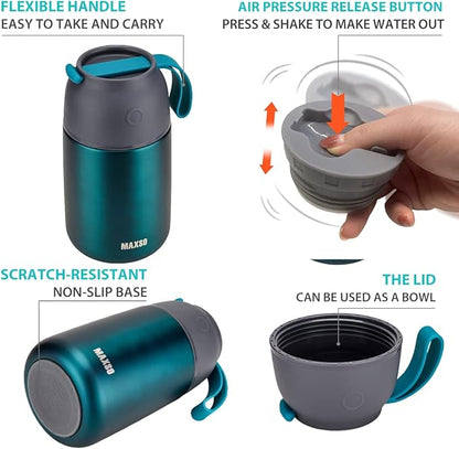 MAXSO 2 Pack Soup Thermo for Hot & Cold Food for Kids Adults, Vacuum Insulated Food Jar Thermal Lunch Containers, Travel Food Flask with Spoon (24 oz,17 oz) (Matte Green)