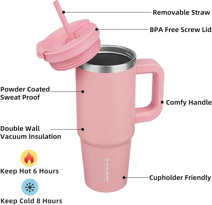BJPKPK 30oz Stainless Steel Insulated Tumbler With Handle And Lid Straw Travel Coffee Mug Thermal Cup,Light Pink