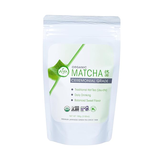 Aiya Certified USDA Japanese Organic Ceremonial Grade Matcha Green Tea Powder - Gluten-Free, Non-GMO - 100g Bag (3.53 oz.)