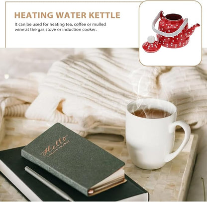 DOITOOL Vintage Tea Kettle 1.1 L Enamel Tea Kettle with Handle, Stove Top Water Kettle Coffee Tea and White Polka Dot with Stainless Steel Filter for Home Kitchen