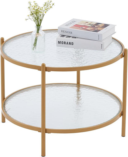 VINGLI 25.6" Small Matte Gold Round Coffee Table Water-Wave Glass Circle Clear Coffee Table, Center Table with 2-Tier Modern Storage Design for Living Room, Bedroom, Meeting Room, Balcony, Patio