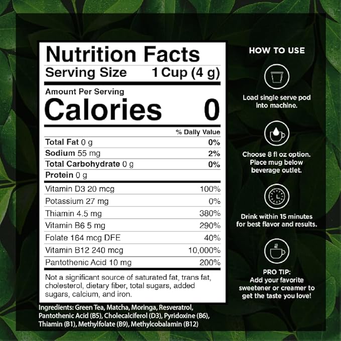 VitaCup Green Tea Pods, Enhance Energy & Detox with Matcha, Moringa, B Vitamins, D3, Keto, Paleo, Vegan, Recyclable Single Serve Pod, Compatible with Keurig K-Cup Brewers,16 Ct