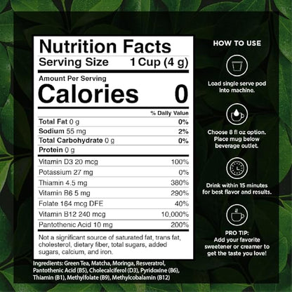 VitaCup Green Tea Pods, Enhance Energy & Detox with Matcha, Moringa, B Vitamins, D3, Keto, Paleo, Vegan, Recyclable Single Serve Pod, Compatible with Keurig K-Cup Brewers,32 Ct