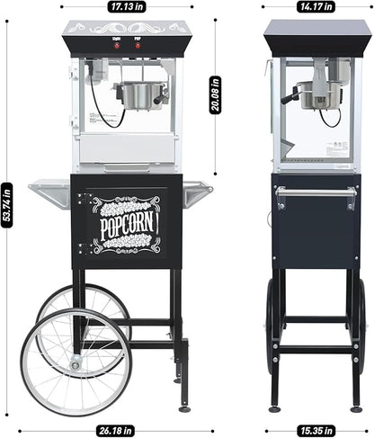 Vintage Popcorn Machine with Cart, 8oz Popper Stainless-Steel Kettle & Warming Light, Makes Up to 32 Cups, Ideal for Family Gatherings, Movie Theaters & Amusement Parks, Black