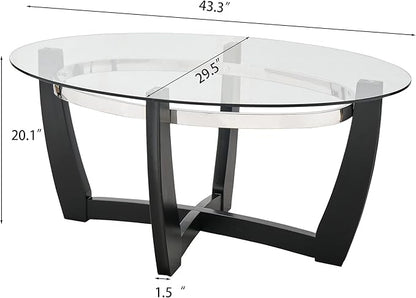 Oval Glass Coffee Table, 43.3" Solid Wood Tea Table with Tempered Glass Tabletop, Modern Glass Sofa Center Table Cocktail Table with Black Cross Base for Living Room Home Office,KFZ1331