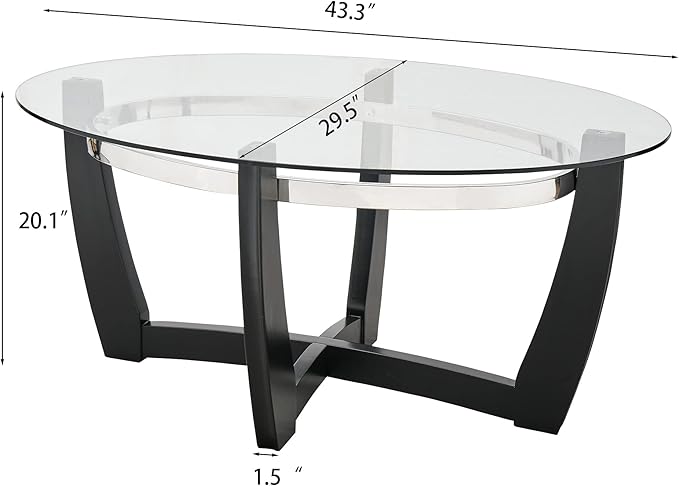 Oval Glass Coffee Table, 43.3" Solid Wood Tea Table with Tempered Glass Tabletop, Modern Glass Sofa Center Table Cocktail Table with Black Cross Base for Living Room Home Office,KFZ1331