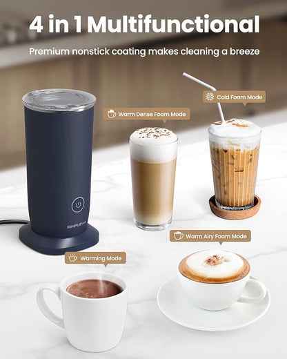 SIMPLETASTE Milk Frother, 4-in-1 Electric Milk Steamer, Automatic Warm and Cold Foam Maker and Milk Warmer for Latte, Cappuccinos, Macchiato, Dark Blue