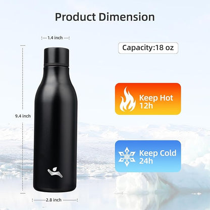 Insulated Water Bottle with Strap,18 oz Double Wall Stainless Steel Vacuum Bottles Metal Water Flask,Black