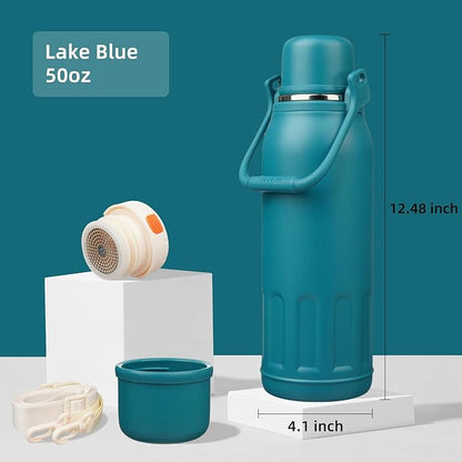 Insulated Water Bottle with Handle and Strap,Vacuum Travel Tumbler with Cup Lid,Thermo Coffee Cup for Hot Cold Drinks 50 OZ,Lake Blue