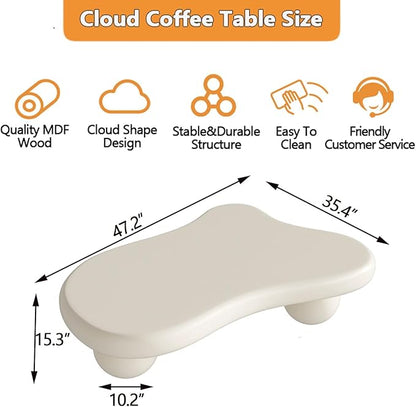 Cute Cloud Coffee Table, Modern Coffee Tables for Living Room, Easy Assembly, Round Edge Irregular Tea Table End Table, Funky Contemporary Low Coffee Table for Bedroom (White Cloud, L47)