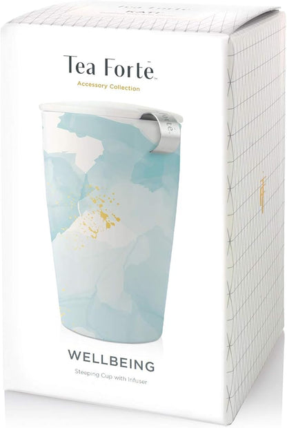 Tea Forte Wellbeing Double-Walled Ceramic Kati Cup with Removable Stainless Steel Infuser Basket and Lid, Steeps 12 oz Loose Leaf Tea, Lid and Cup Dishwasher & Microwave Safe