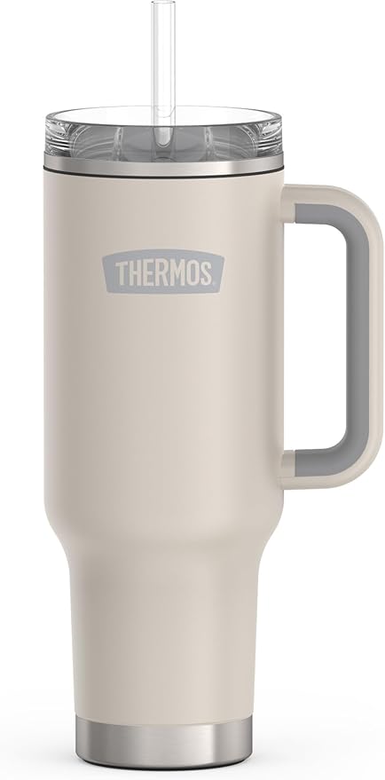 THERMOS Stainless Steel Cup Holder Mug - 40 Ounce, Sandstone - Insulated Tumbler with Lid and Straw, Plus Leak-Resistant Slide Lock