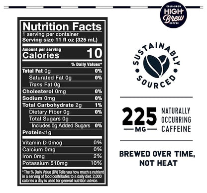 High Brew Coffee | Lightly Sweetened Cold Brew Iced Coffee with Pure Cane Sugar – 225 mg Natural Caffeine, Patiently Brewed, Never Heated. Low-Acid, Ready-to-Drink | 8 oz Can (Triple Shot Black)