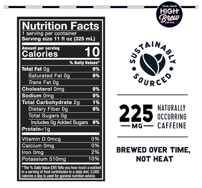 High Brew Coffee | Lightly Sweetened Cold Brew Iced Coffee with Pure Cane Sugar – 225 mg Natural Caffeine, Patiently Brewed, Never Heated. Low-Acid, Ready-to-Drink | 8 oz Can (Triple Shot Black)