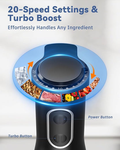 LINKChef 7 in 1 Immersion Blender Handheld, 800W Hand Blender Set, Scratch Resistant with 2 Titanium Steel Blades, 20 Speed and Turbo Mode, Includes Whisk, Milk Frother, Food Processor & Beaker