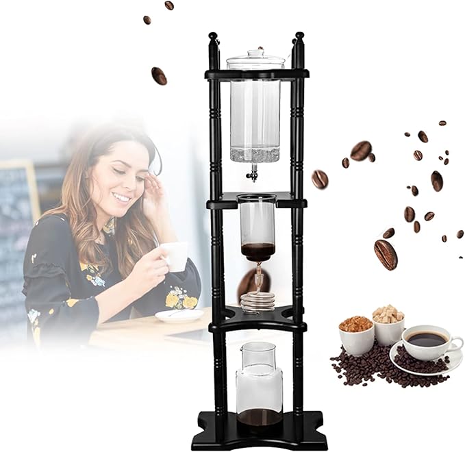 LYNICESHOP Cold Brew Coffee Maker, 2L/67.63oz Glass Dutch Coffee Dripper Ice Drip Coffee Tower Cold Brew Tower Coffee Maker Portable Household Ice Drip Coffee Pot With Pine Wood & Handmade Glass