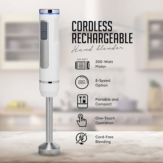 OVENTE Cordless Immersion Hand Blender, Rechargeable Handheld Portable Stick Mixer with 8 Mixing Speed Option, One-Touch Control and Stainless Steel Blades for Smoothies, Shakes or Soups, White HR781W