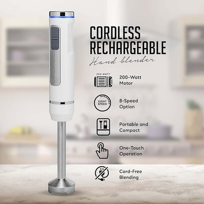 OVENTE Cordless Immersion Hand Blender, Rechargeable Handheld Portable Stick Mixer with 8 Mixing Speed Option, One-Touch Control and Stainless Steel Blades for Smoothies, Shakes or Soups, White HR781W