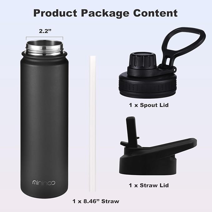 mininoo Insulated Stainless Steel Water Bottle with Straw and Lid for Sports, 24 oz, Black