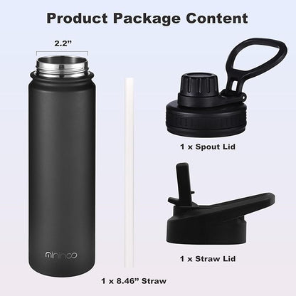 mininoo 24 oz Insulated Water Bottle with Straw Lid, Stainless Steel Double Wall Vacuum, Leak Proof, BPA Free, Keep Cold for 24H & Hot for 12H-2 pack(Black)