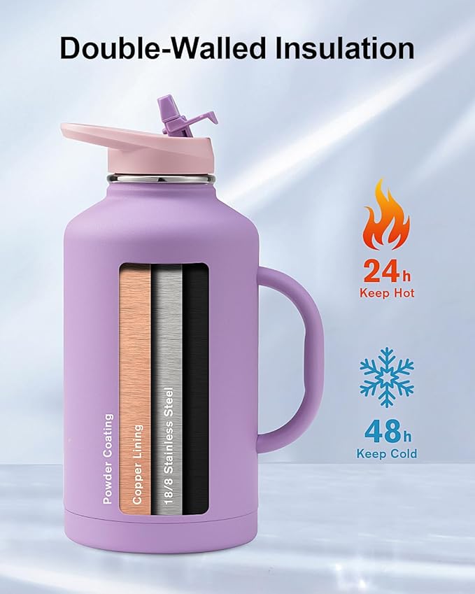 Trebo Water Bottle Insulated 64 oz with Handle,Half Gallon Double Wall Vacuum Stainless Steel Metal Large Jug with Handle, Wide Mouth Flask Mug with Carry Pouch, Keep Ice Cold 48hrs, Purple