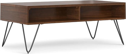 SIMPLIHOME Hunter Lift Top Coffee Table - 48 inch Wide Solid Walnut Veneer and Metal Industrial Cocktail Table, Functional Living Room Table with 2 Storage Cubbies and Hairpin Legs