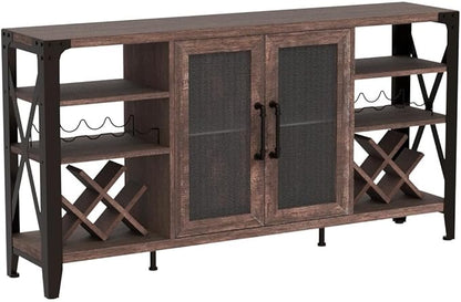 Vabches 58" Wine Bar with Wine Rack Storage,Alcohol Cabinet with LED Strip, Liquor Cabinet Bar for Home Dining Room, Sideboard Buffet with Storage