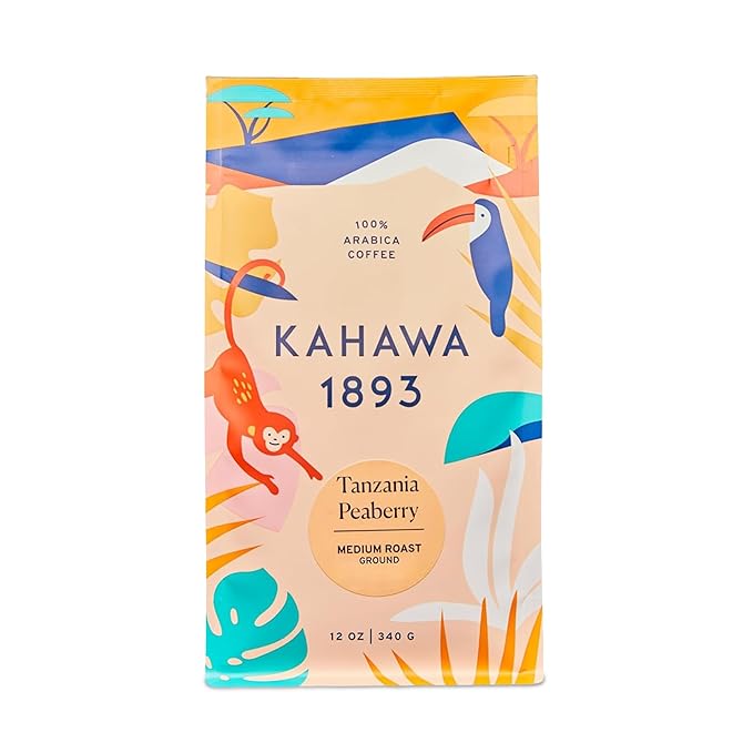 Kahawa 1893 Ground Coffee Medium-Light Roast Tanzania Peaberry Blend 12 Oz - As Seen on Shark Tank, High Antioxidants, Naturally Sweet, Organically Grown, Ethically & Sustainably Sourced
